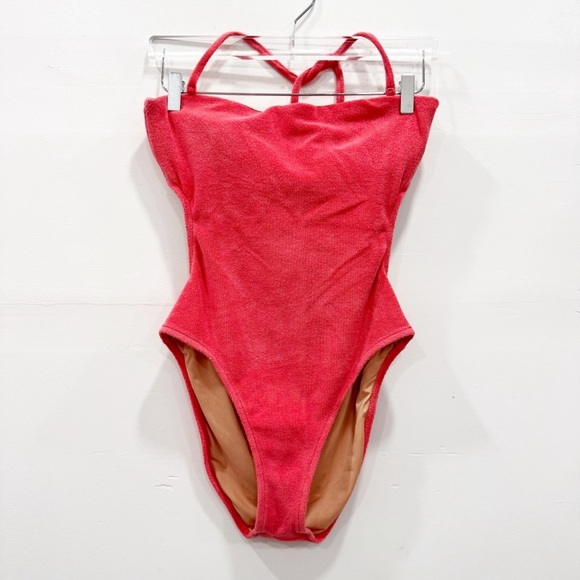 J. Crew Cutout Bandeau One-Piece Terry Swimsuit Coral Size 10 Halter Straps - Picture 1 of 7